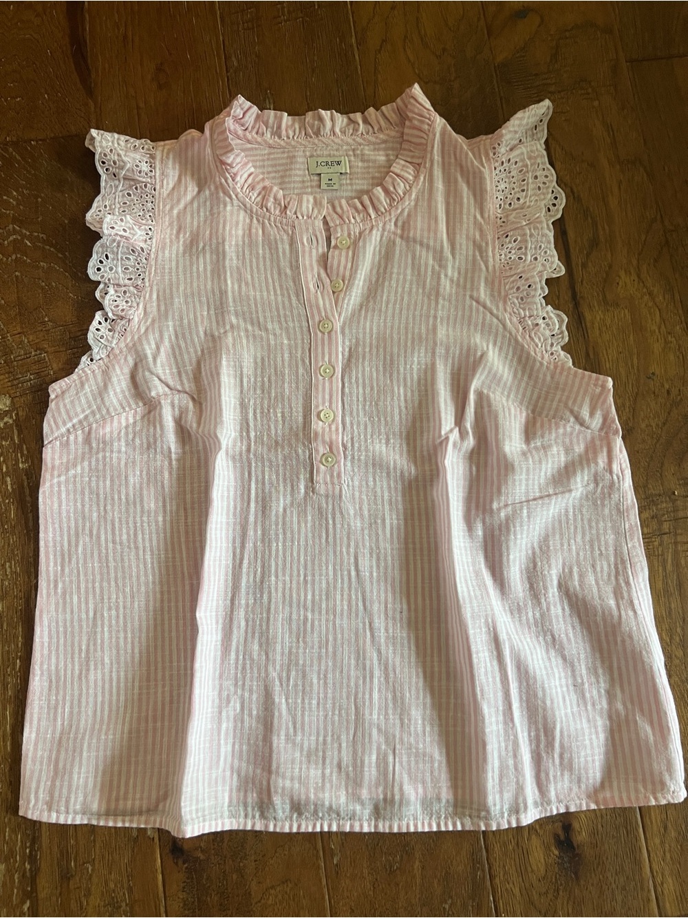 J. Crew Pink and White Striped Eyelet Flutter Sleeve Blouse - Picture 2 of 8